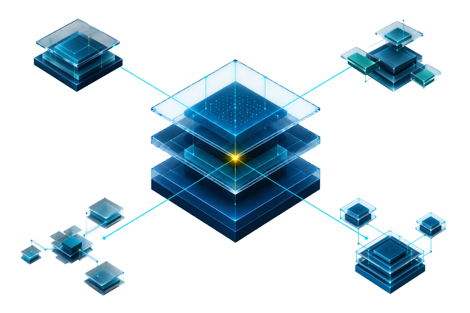 Vier unterschiedliche Odoo-Projektsituationen sind mit einer zentralen modularen Systemarchitektur verbunden