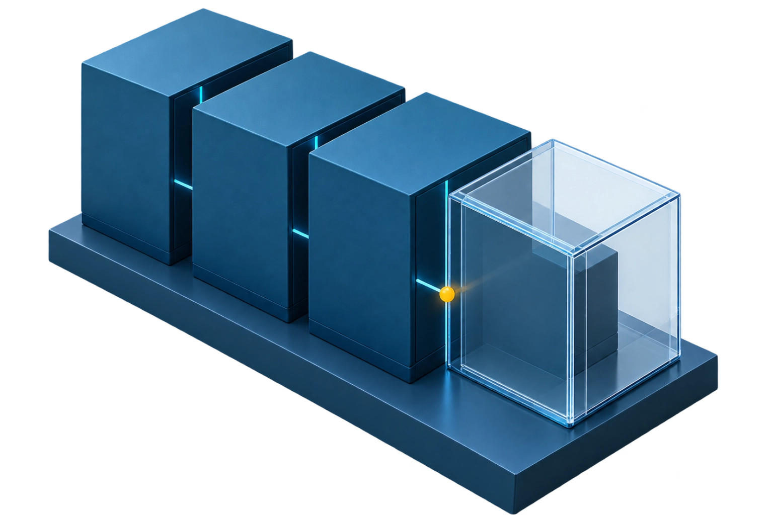 Drei blaue Systemmodule und ein transparenter Erweiterungsbereich auf einer gemeinsamen Basis.